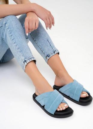 Черно-голубые шлепанцы из замши, замша, украина