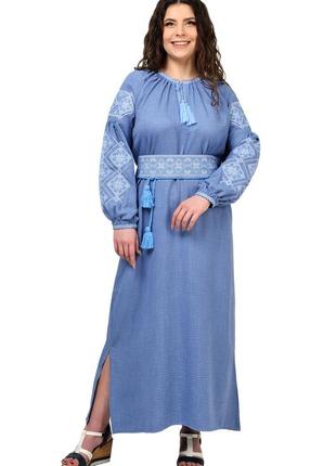 Длинная женская летняя вышиванка-платье с поясом6 фото