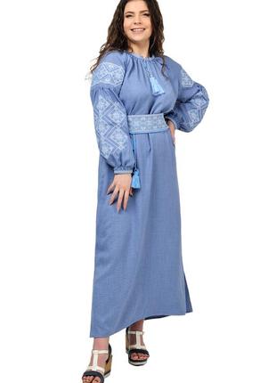 Длинная женская летняя вышиванка-платье с поясом9 фото