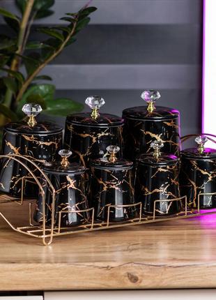 Набор для специй 4 шт по 250 мл и 3 шт по 550 мл на металической подставке черный