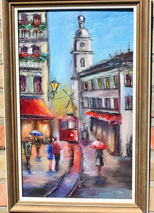 Городской пейзаж, красный трамвай, живопись масляными красками, оргалит, 50х30.