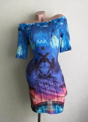 Трикотажне плаття з відкритими плечима. мініплаття, міді. шикарний принт із заходом і пальмами. синій, бузковий, блакитний, рожевий.