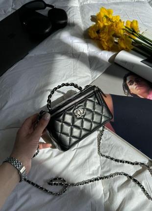 Chanel classic black lambskin pearl crush vanity bag silver5 фото