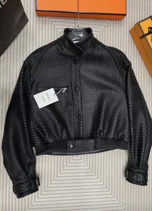 Шкіряна куртка бомбер з плетінням в стилі bottega smlxlxxl