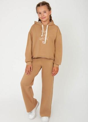 Модный бежевый костюм для девочек подростков укороченное худи и широкие брюки палаццо, хвойный зеленый трендовый комплект кроп топ и брюки кюлоты клеш