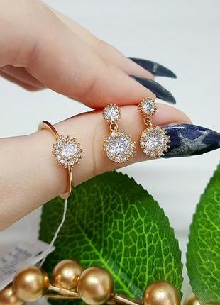 Серьги, кольцо, позолота, набор позолоченный