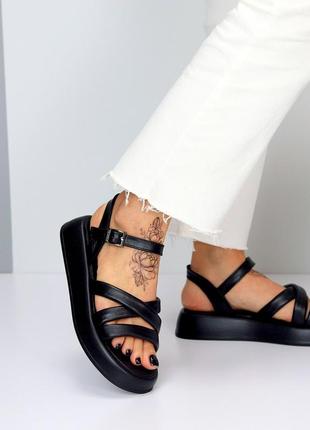 Кожаные женские босоножки черные, сандалии на утолщенной подошве7 фото