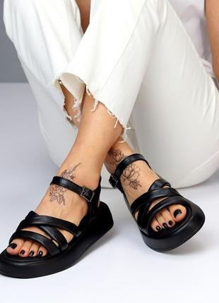 Кожаные женские босоножки черные, сандалии на утолщенной подошве5 фото