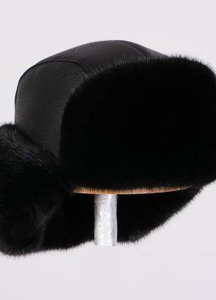 Меховая шапка ушанка мужская из натурального меха норки и натуральной кожи