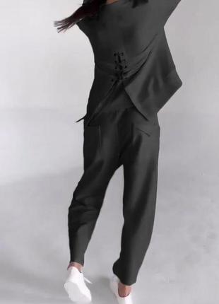 Спортивный петля качественный костюм базовая завязка шнуровка длинная удлиненная кофта свитшот спущенные рукава брюки джоггеры манжеты свободный нюдовый с3 фото
