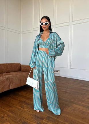 Костюм тройка 3в1 шелк армани топ брюки и кимоно с поясом