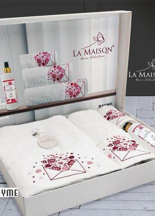 Турция 🇹🇷. подарочный набор полотенец с вышитым рисунком, 3 шт с ароматом rayme, премиальное качество