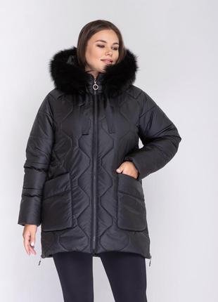 Женский теплый черный пуховик средней длины с мехом, большие размеры