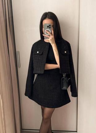 Твдовый костюм двойка пиджак и юбка короткая s m l xl черный классический в офис школу актуальный классический база