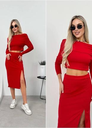 Трикотажний костюм кроп топ з рукавами з відкритими плечима спідниця міді з розрізом по фігурі комплект чорний червоний сірий білий в рубчик