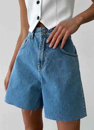 Джинсові шорти з необробленим краєм темно-сині