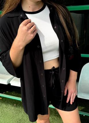 Рубашка oversize и комфортные шорты 🖤🤍костюм удлиненная рубашка и шорты 🖤🤍