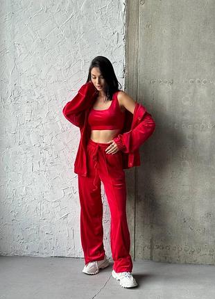 Велюровый плюшевый костюм тройка бомбер + топ + штаны палаццо, женский костюм 3 в 1 на осень из велюра, мягкий осенний костюм, 197