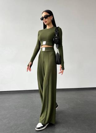Брючный костюм двойка с кофтой, женский костюм штаны и кофта с вырезом для пальчика, костюм в рубчик с митенками, 3165