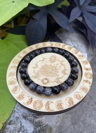 Браслет з натурального каміння обсидіан срібний