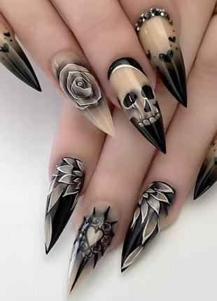 24 шт готичні накладні довгі нігті зі скотчем міндаль хелоуін halloween 👻