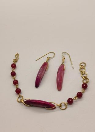 Комплект браслет і сережки з малинового агату і малинового турмаліну "агата". комплект з натурального каміння1 фото