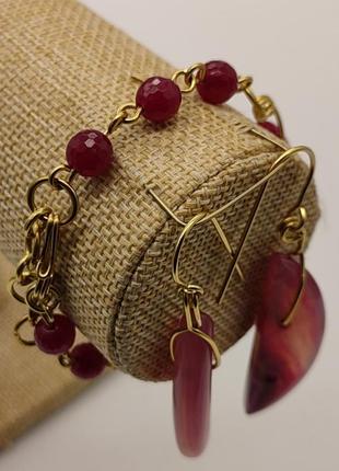 Комплект браслет і сережки з малинового агату і малинового турмаліну "агата". комплект з натурального каміння6 фото