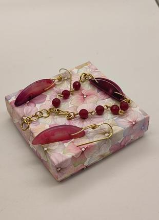 Комплект браслет і сережки з малинового агату і малинового турмаліну "агата". комплект з натурального каміння7 фото