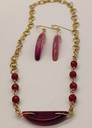 Комплект браслет і сережки з малинового агату і малинового турмаліну "агата". комплект з натурального каміння9 фото
