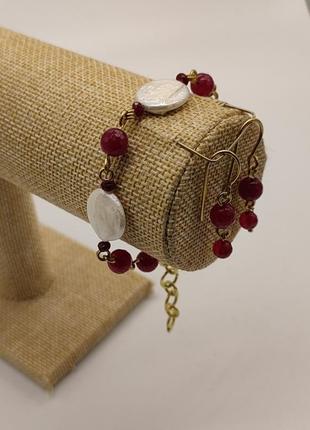Комплект браслет і сережки з малинового турмаліну і річкових перлин-кеші "ягідка малинка". комплект з натурального каміння4 фото