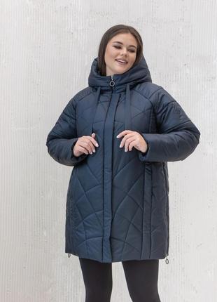Темно-синій зручний фабричний жіночий пуховик великих розмірів, зимова куртка батал середньої довжини, р56-66