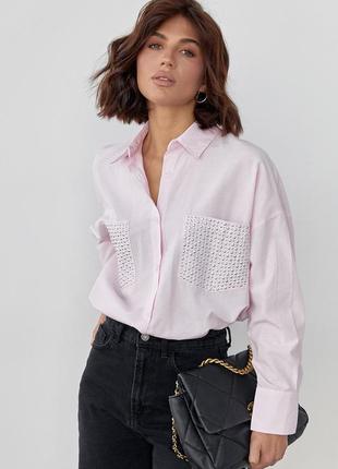 Женская рубашка с термостразами на карманах - розовый цвет, l (есть размеры)1 фото