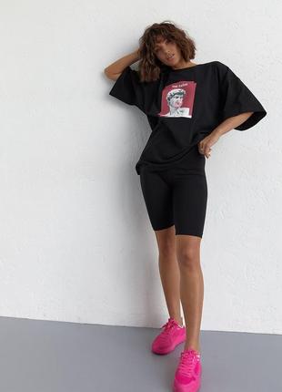Женский костюм с футболкой oversize и велосипедками - черный цвет, l (есть размеры)4 фото