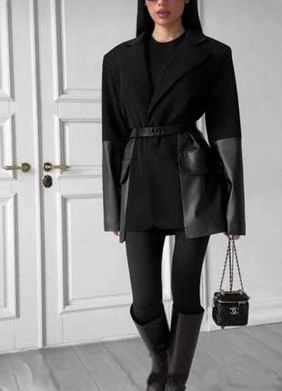 Пиджак женский черный однотонный оверсайз на пуговице кожаный качественный стильный трендовый