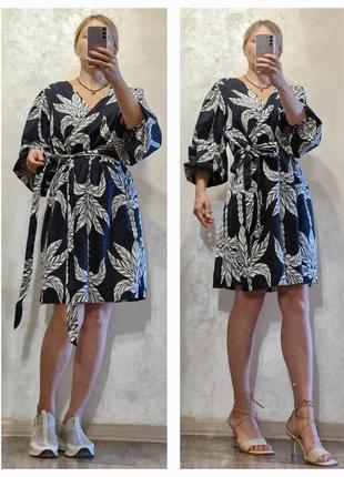 Черно-белое миди платье-платье на запах с рукавами буфами h&m