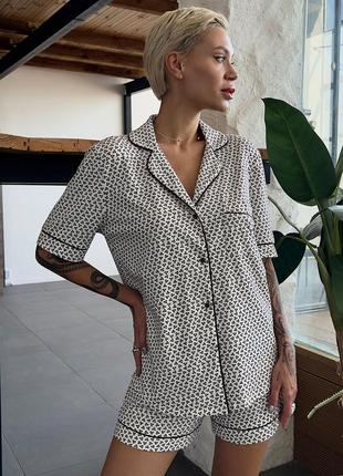 Женский домашний комплект в горох рубашка с коротким рукавом и короткие шортики с высокой посадкой leinle