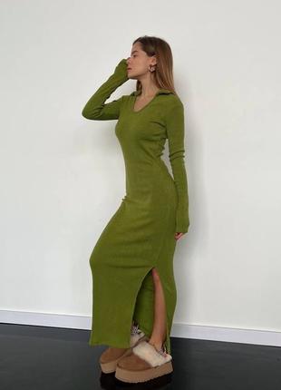 Платье макси с длинным рукавом ангора рубчик зеленый коричневый s-xl