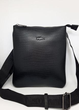 Мужская черная кожаная сумка. сумку лакосте lacoste. подарок мужчине, другу, парню