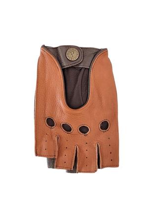 Мужские беспалые кожаные коньячные комбинированые перчатки из мягкой оленьей кожи pitas 5001