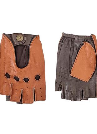 Мужские беспалые кожаные коньячные комбинированые перчатки из мягкой оленьей кожи pitas 5001