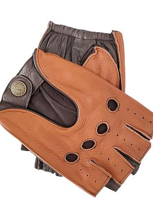 Мужские беспалые кожаные коньячные комбинированые перчатки из мягкой оленьей кожи pitas 5001
