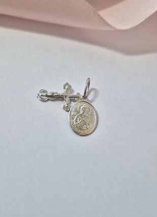 Срібна овальна ладанка ікона богородиця семистрільна та  хрест з розп'яттям срібло 925 проби родоване 2.00г