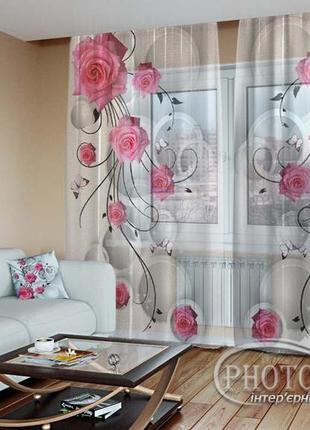 Фото тюль "3d розовые розочки и виньетки" - любой размер! читаем описание!