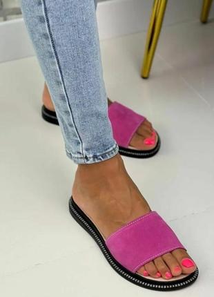 Стильні жіночі шльопанці колір фуксія замш розмір 40 (26 см) (25512)