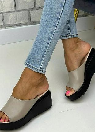 Стильные женские шлепанцы на танкетке  цвет мокко натуральная кожа размер 37 (23,5 см) (32903)