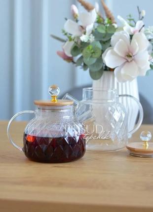 Чайник заварник стеклянный "ромб" с бамбуковой крышкой, 1500 мл