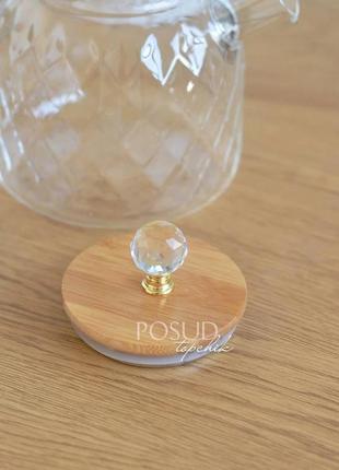 Чайник заварник стеклянный "ромб" с бамбуковой крышкой, 1500 мл