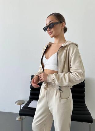 Качественный женский трендовый костюм зоп кофта худи на молнии и широкие брюки палаццо7 фото