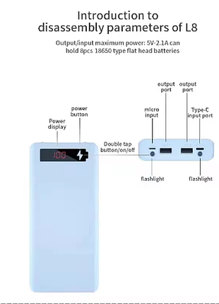 Корпус повербанка с двумя usb-портами на 8 аккумуляторов.