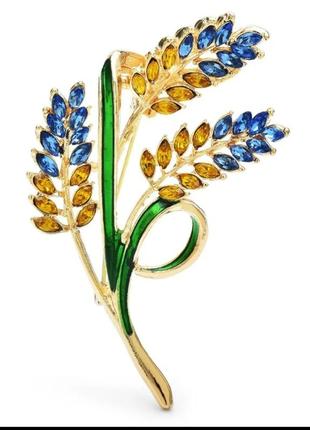 Женская брошь колосся желто-горячее зерно, зеленая эмаль 6х3.2см